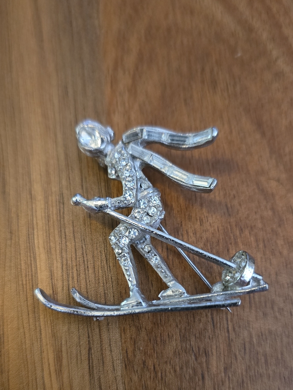 Vintage Rhinestone Silver Skier Pin